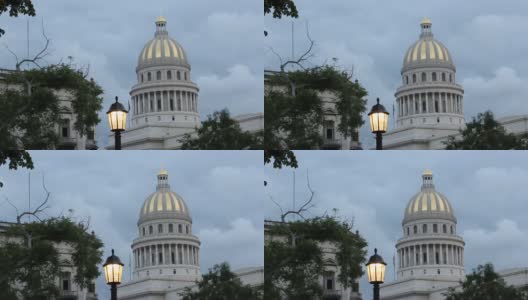 古巴国会大厦穹顶与不祥的云与灯在前景高清在线视频素材下载