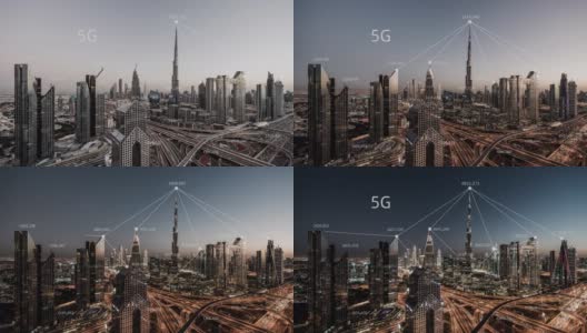 T/L迪拜城市天际线和5G网络概念，从白天到夜晚/阿联酋高清在线视频素材下载