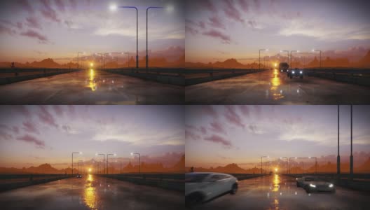 高速公路交通对沙漠山脉和美丽的日落的特写，移动的相机高清在线视频素材下载
