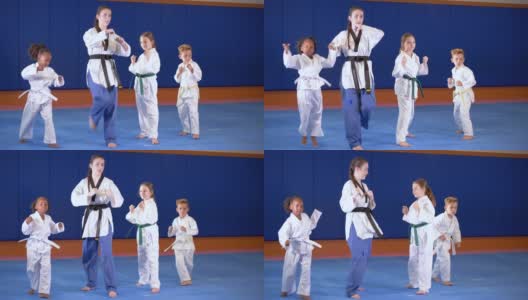 老师和孩子们在跆拳道课上，踢腿高清在线视频素材下载