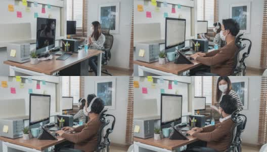亚洲夫妇在家庭办公室工作和戴口罩保护COVID-19的时间间隔高清在线视频素材下载