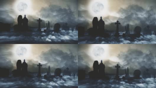 满月笼罩着一个阴森森的墓地，墓碑的剪影和绵延的低雾。高清在线视频素材下载