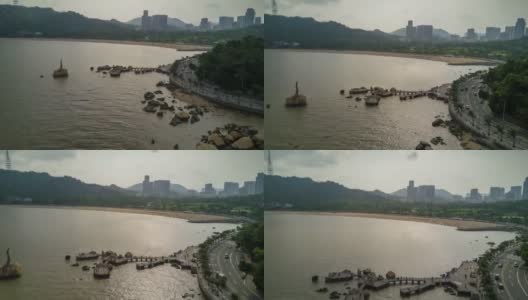 中国日落时间珠海著名渔女纪念碑湾航拍全景4k时间流逝高清在线视频素材下载