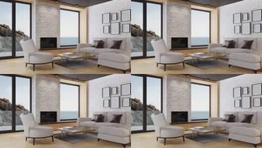 白色斯堪的纳维亚客厅与生态壁炉。现代室内概念。夏天的海边的概念。高清在线视频素材下载