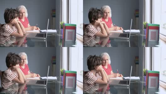 老奶奶和孙子在家里使用笔记本电脑高清在线视频素材下载