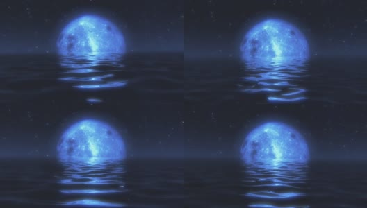 平静的海面上出现了超现实的满月。蓝色的光高清在线视频素材下载