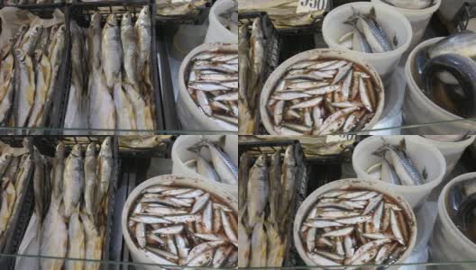 海鲜市场的鲜鱼，传统市场的鱼。海鲜街市场陈列柜内的新鲜海鱼。高清在线视频素材下载