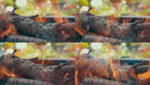 在最近点燃的火中燃烧着的木头。为烤架烧木柴高清在线视频素材下载