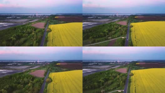 工业区附近的黄油菜花盛开的农田。自然与工业相结合。空中全景。高清在线视频素材下载