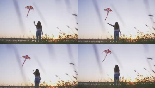 快乐的年轻女子玩风筝在一个林间空地与湖泊背景在夏季日落，低角度的观点高清在线视频素材下载