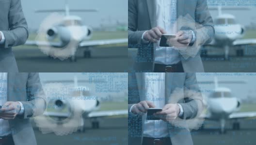 利用智能手机在机场跑道上对商人中段进行抽象形状和数据处理高清在线视频素材下载