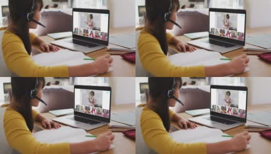 亚洲女孩在家里用笔记本电脑与老师和同学进行视频会议高清在线视频素材下载