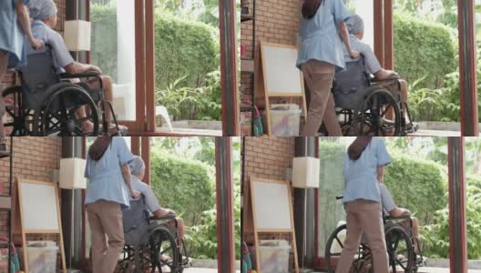 坐轮椅的癌症患者在私人家中接受康复治疗。高清在线视频素材下载