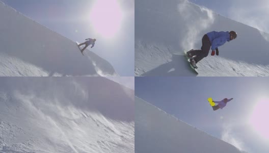 慢动作:年轻的职业滑雪板运动员在阳光灿烂的雪公园半管跳跃高清在线视频素材下载