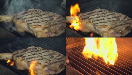 厨长用金属钳子将生肉放在热气腾腾的烤架上，下面是火，特写慢镜头。高清在线视频素材下载