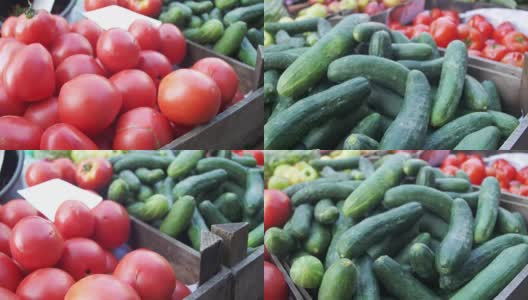 在食品市场展示西红柿和蔬菜。贸易高清在线视频素材下载