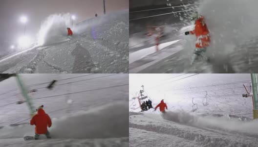 夜滑雪板红夹克滑雪板深粉末喷雾椅子升降机高清在线视频素材下载