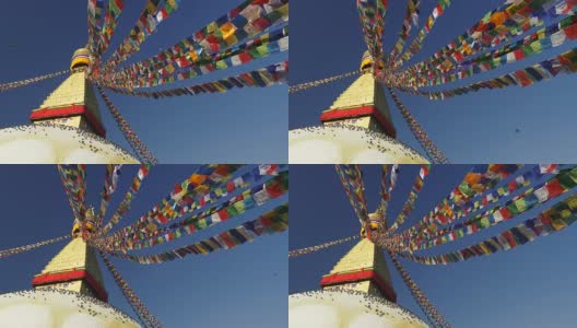 尼泊尔加德满都博达哈纳塔上的佛教经幡旗。慢动作镜头高清在线视频素材下载