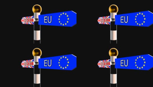 旗帜背景上有英国脱欧和欧盟字样的旋转路标高清在线视频素材下载