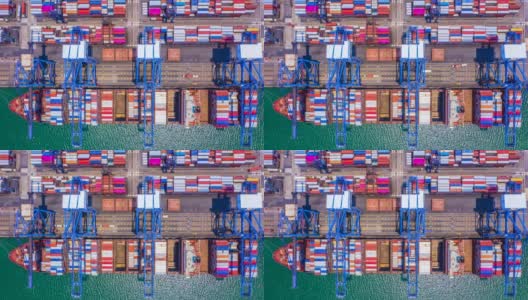 深海港口集装箱船装卸，远洋集装箱船物流进出口运输业务高空俯视。高清在线视频素材下载