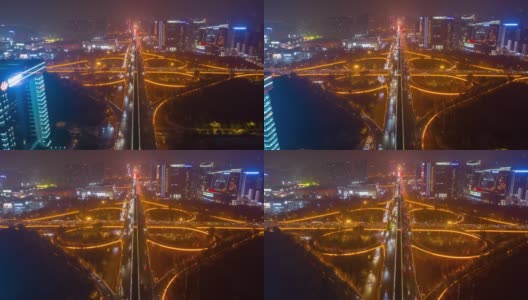 夜光成都市中心交通街道道路交叉口航拍延时全景4k中国高清在线视频素材下载