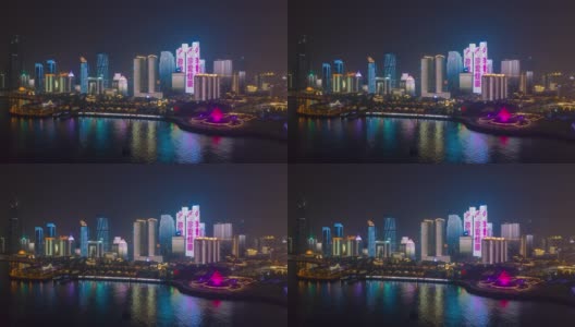 夜间照明展示青岛市区海湾广场空中延时4k中国全景图高清在线视频素材下载