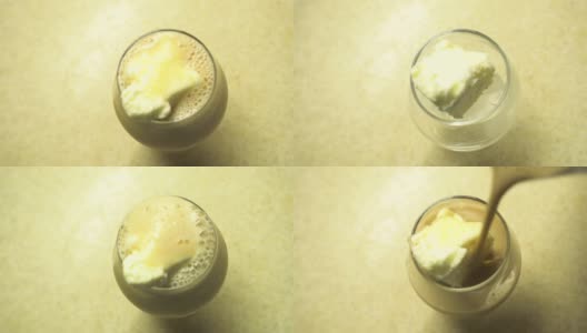 Affogato冰淇淋上的冰牛奶咖啡泡沫模糊高清在线视频素材下载