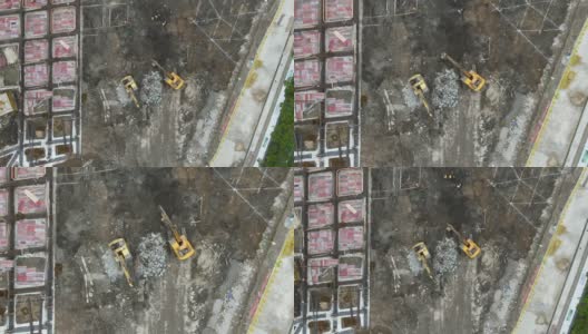 无人机鸟瞰图的建筑工地与基础，工人和提取高清在线视频素材下载
