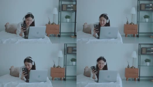 女人在床上听音乐高清在线视频素材下载