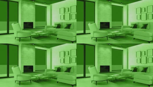 白色斯堪的纳维亚客厅的监视与生态壁炉。现代的室内。智能家居安防系统概念。高清在线视频素材下载