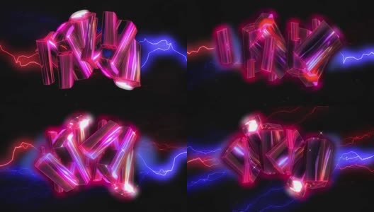 动画的粉红色金属棒漂浮，与发光的红色和蓝色的电流在黑色高清在线视频素材下载