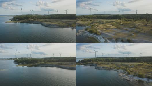 航拍的海岸线风力发电厂高清在线视频素材下载