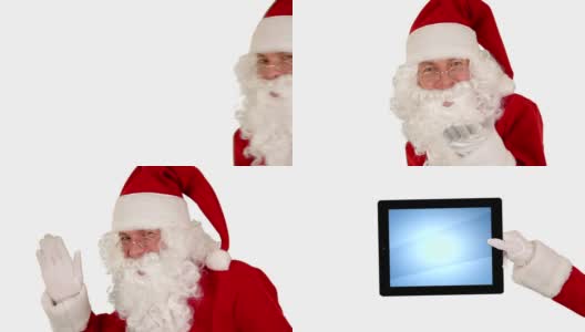 圣诞老人在白色的背景下，献上一块平板，然后送上一个吻，说再见高清在线视频素材下载