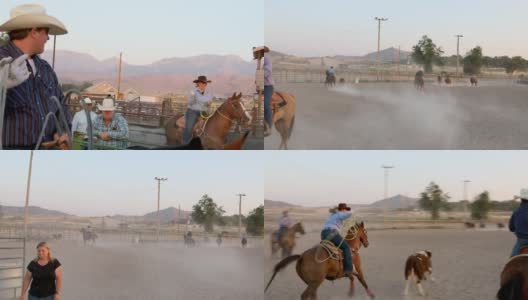 马背上的人群观看达斯迪牛仔竞技会上的套索比赛高清在线视频素材下载