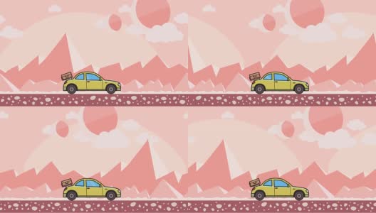 后面引擎盖上装有行李的动画双门轿车穿过外星粉色沙漠。移动的掀背式山地沙漠背景。平面动画。高清在线视频素材下载