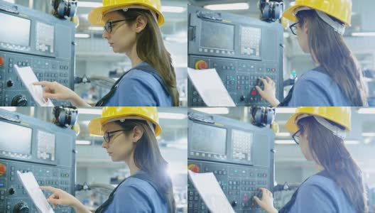 在大型工业工厂中，从事带控制面板的数控机床安装/编程的专业女操作员。高清在线视频素材下载