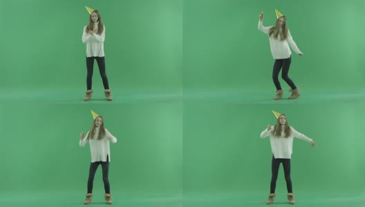 迷人的快乐的年轻女子跳舞和吹口哨，色度键的背景高清在线视频素材下载