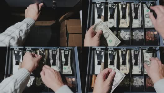 视频:收银员把钱放进收银机，拿了零钱。零售现金美元高清在线视频素材下载