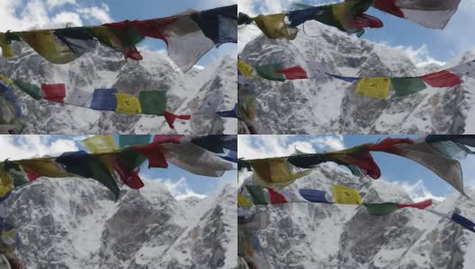 以喜马拉雅山脉为背景，在风中飘扬的经幡高清在线视频素材下载