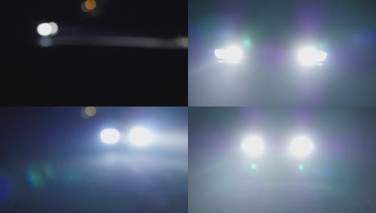 晚上开着灯的车。汽车在空旷的夜里行驶。在一片漆黑中，只能看到汽车前灯的亮光。高清在线视频素材下载