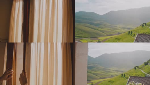 MS到WS POV女人打开门酒店阳台与阳光风景的山景，Castelluccio，翁布里亚，意大利高清在线视频素材下载