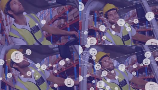 网络数字图标对抗在仓库驾驶叉车的白人男性工人高清在线视频素材下载