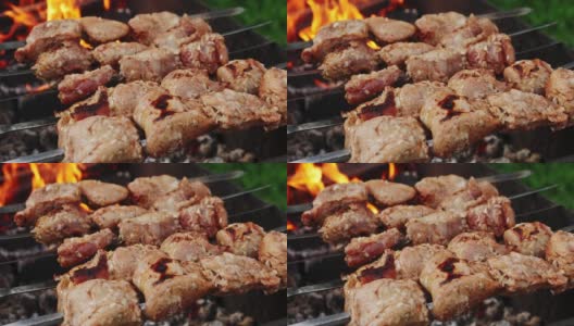 烧烤烤羊肉串炭火煮的肉。关闭了。高清在线视频素材下载