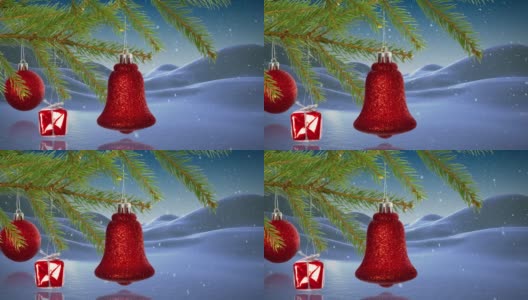 树枝与小玩意和铃铛的动画和雪花飘落在冬天的风景高清在线视频素材下载