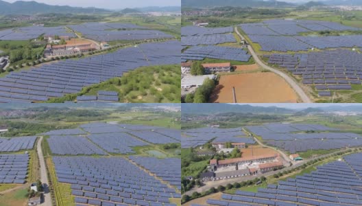 鸟瞰图的太阳能电池板农场(太阳能电池)与阳光高清在线视频素材下载