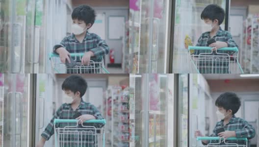 戴着面具的亚洲小孩走进超市买杂货高清在线视频素材下载