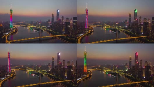 中国日落时间夜晚照明广州市中心城市景观珠江烈德桥空中全景4k时间高清在线视频素材下载