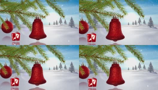 动画的树枝，小玩意，铃铛和雪花飘落在冬天的风景高清在线视频素材下载