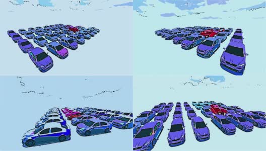 2d动画在漫画风格-数百辆车，一个红色高清在线视频素材下载