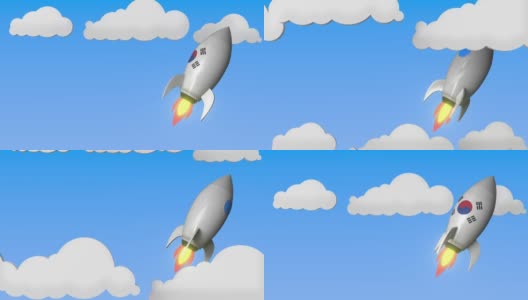 挂着韩国国旗的火箭在天空中飞翔。韩国成功或太空计划相关的可循环运动背景高清在线视频素材下载